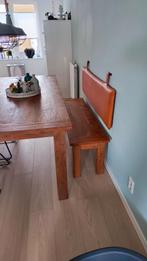 Indonesisch teak bankje 140 cm en leren rugkussen, Huis en Inrichting, Ophalen, Minder dan 50 cm, Gebruikt, 100 tot 150 cm