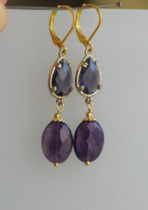 Prachtige lange oorbellen, Amethist en kristallen connector, Sieraden, Tassen en Uiterlijk, Oorbellen, Nieuw, Hangers, Overige materialen