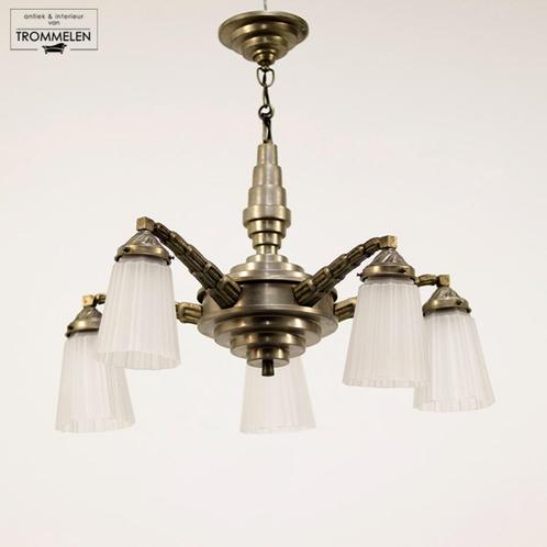Prachtige antieke Art Deco kroonluchter / hanglamp chroom, Huis en Inrichting, Lampen | Kroonluchters, Gebruikt, Glas, Metaal