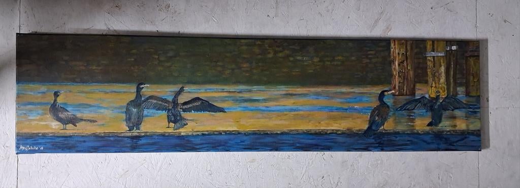 Schilderij van aalscholvers aan de waterkant, Verzenden