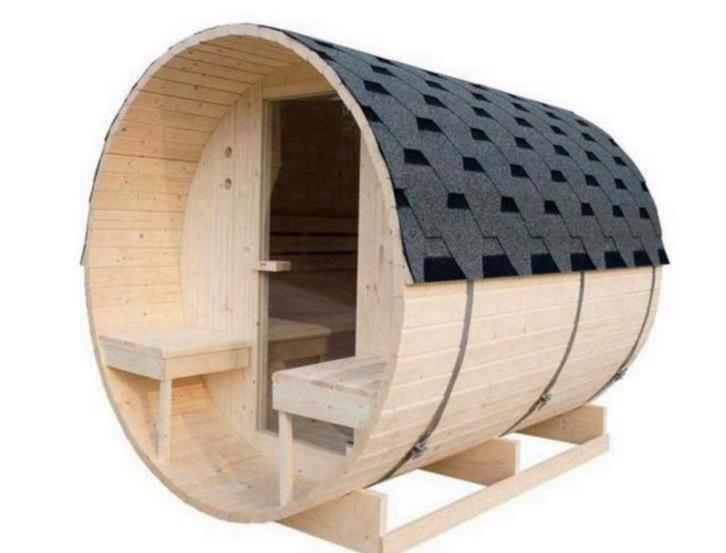 SAUNA BARREL HELEMAAL COMPLEET MET DAKSINGELS, KACHEL ETC!🚚, Sport en Fitness, Sauna, Nieuw, Complete sauna, Fins of Traditioneel