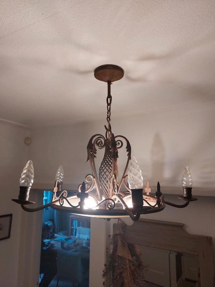 Antieke Kroonluchter - Metaal - 80cm, Huis en Inrichting, Lampen | Hanglampen, Gebruikt, 50 tot 75 cm, Glas, Metaal, Ophalen