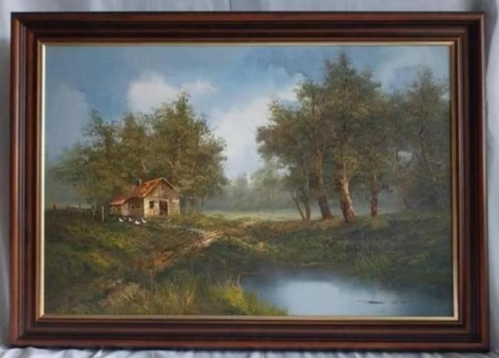 Olieverfschilderij Boshuis met eenden, J. Vos, ca. 1980, Antiek en Kunst, Kunst | Schilderijen | Klassiek, Ophalen