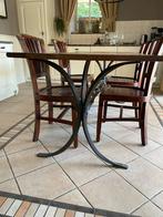 Teakhouten Eettafel met Smeedijzeren Onderstel + Stoelen, Ophalen, Gebruikt, Teakhout, 50 tot 100 cm