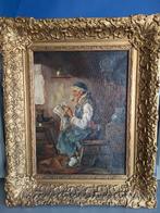 Oude schilderij man met pijp lees de krant, Ophalen of Verzenden