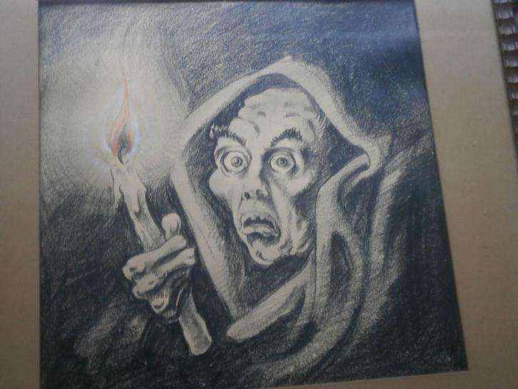 Griezelige tekening van een Mummie met Kaars, Antiek en Kunst, Kunst | Tekeningen en Foto's, Ophalen