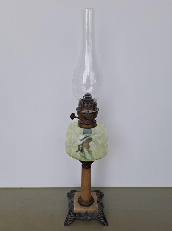 vintage Franse art-deco olielamp uranium-glas marmer h= 63cm, Huis en Inrichting, Lampen | Tafellampen, Minder dan 50 cm, Glas