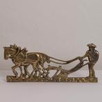 Vintage messing bureau- plankdecoratie boer met paarden, Ophalen of Verzenden, Zo goed als nieuw