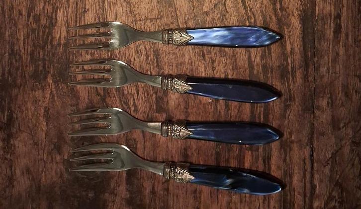 Set van 4 vintage gebaksvorken met blauwe handvatten, Huis en Inrichting, Keuken | Bestek, Rvs of Chroom, Ophalen of Verzenden