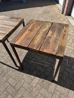Industriële tafel van scheepshout met zwart stalen frame, Ophalen, Gebruikt, 50 tot 100 cm, Vierkant