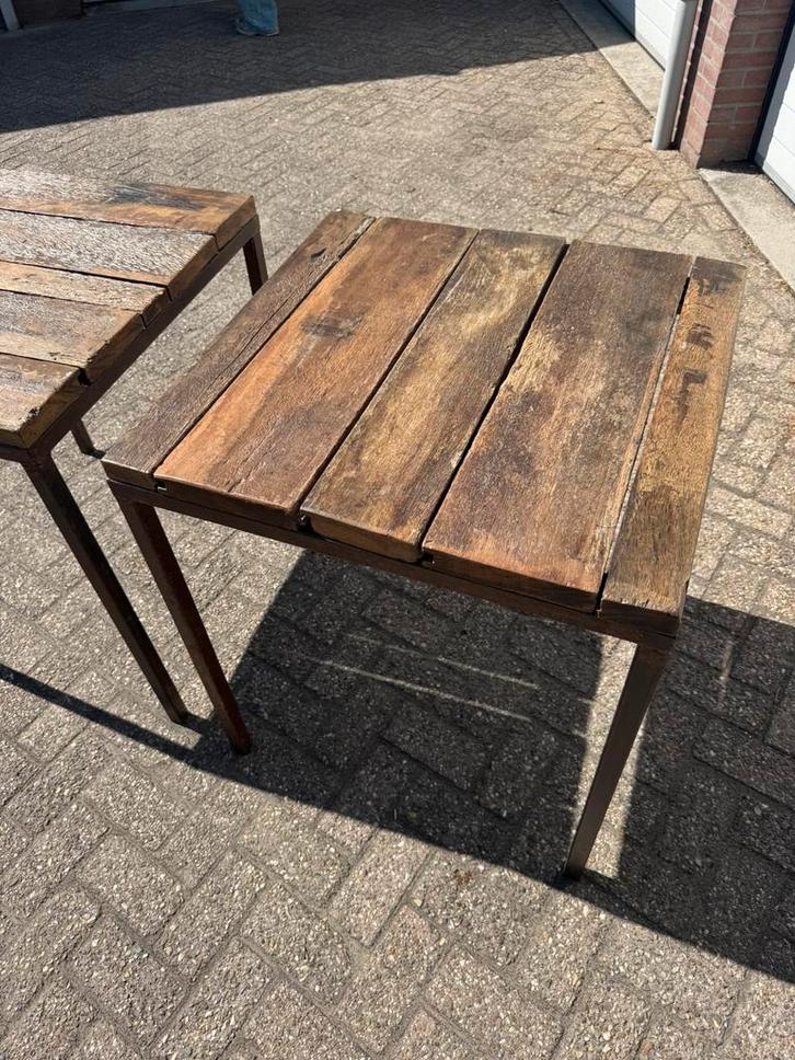 Industriële tafel van scheepshout met zwart stalen frame, Huis en Inrichting, Tafels | Eettafels, Gebruikt, 50 tot 100 cm, 50 tot 100 cm
