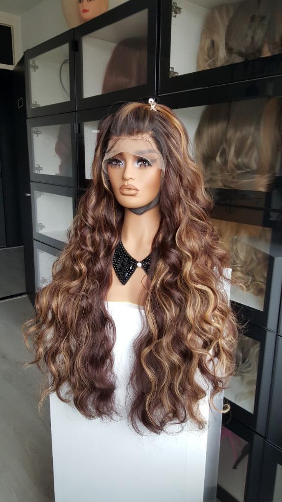 Luxe Lace Pruik: Uitgroei naar Midden bruin met Plukjes, Sieraden, Tassen en Uiterlijk, Uiterlijk | Haarverzorging, Nieuw, Pruik of Haarverlenging