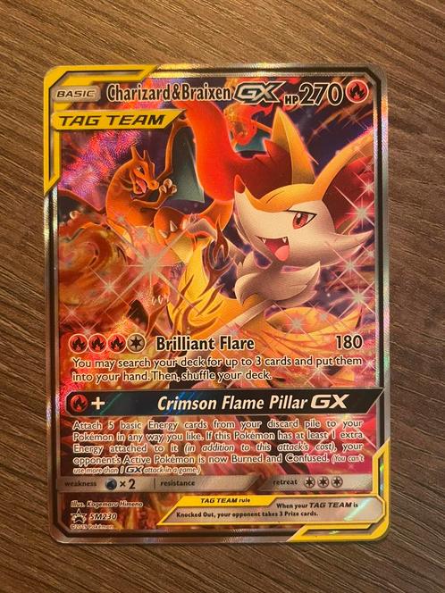 Tag team Charizard & Braixen #SM230 - Black star promo’s, Hobby en Vrije tijd, Verzamelkaartspellen | Pokémon, Zo goed als nieuw
