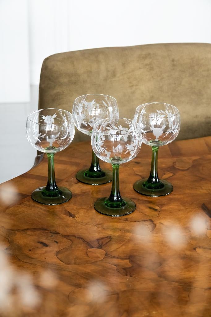 Vintage wijnglazen groene voet - set van 4, Ophalen of Verzenden