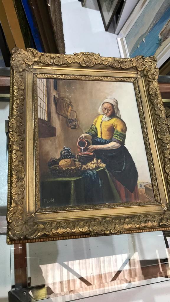 Antiek schilderij van het melkmeisje van Vermeer., Antiek en Kunst, Kunst | Schilderijen | Klassiek, Ophalen of Verzenden