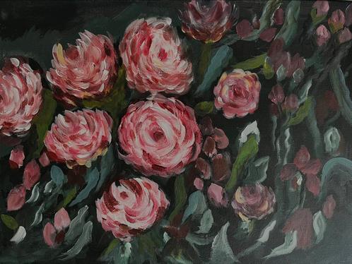 Acrylic bloemenschilderij “Rozen op canvas“, Antiek en Kunst, Kunst | Schilderijen | Klassiek, Ophalen of Verzenden