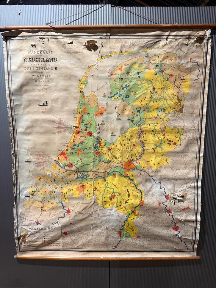 Vintage Wandkaart Nederland - Bakker & Rusch, Antiek en Kunst, Antiek | Schoolplaten, Aardrijkskunde, Ophalen