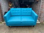 Retro petrol-blauw stoffen 2-zits bankje, Huis en Inrichting, Banken | Bankstellen, Ophalen, Gebruikt, Tweepersoons, 75 tot 100 cm