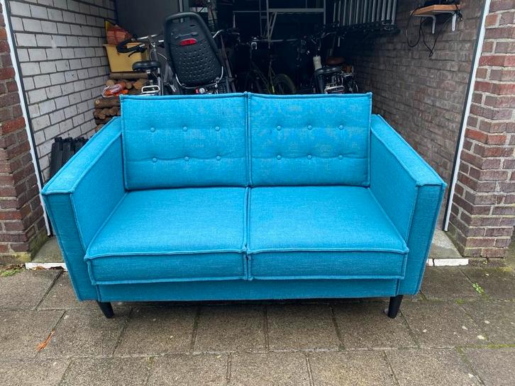Retro petrol-blauw stoffen 2-zits bankje, Huis en Inrichting, Banken | Bankstellen, Gebruikt, Rechte bank, Tweepersoons, Minder dan 150 cm