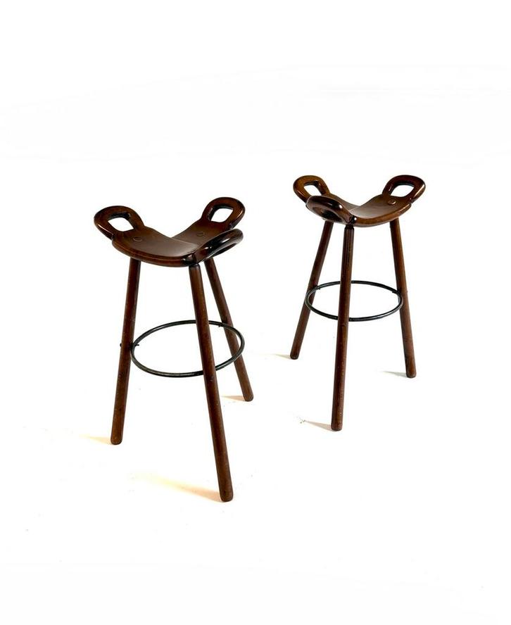 Set van 2 brutalistische ‘Marbella’ barkrukken ‘60, Huis en Inrichting, Barkrukken, Zo goed als nieuw, 60 tot 90 cm, Hout, Metaal