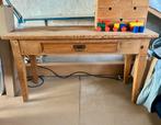 Massief houten tafel met lade, Ophalen, 100 tot 150 cm, Zo goed als nieuw, 25 tot 50 cm