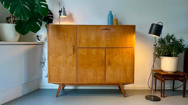 Vintage jaren 50 - 60 kast met klep en laden, Antiek en Kunst, Antiek | Meubels | Kasten, Ophalen