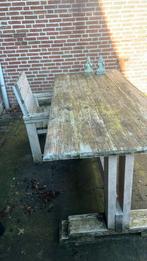 Steigerhouten tafel met twee houten stoelen, Gebruikt, Ophalen of Verzenden