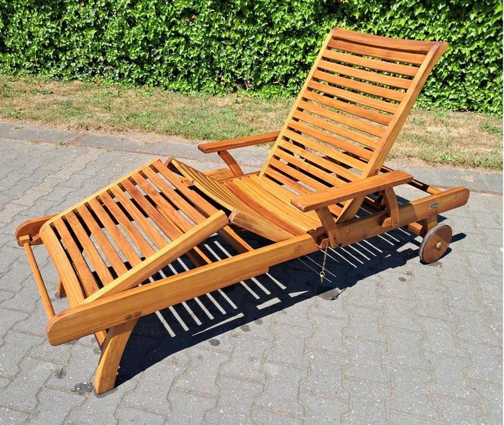 Sunyard Derby ligbed met Madison kussen, verrijdbaar, Tuin en Terras, Ligbedden, Gebruikt, Teakhout, Verstelbaar, Verrijdbaar