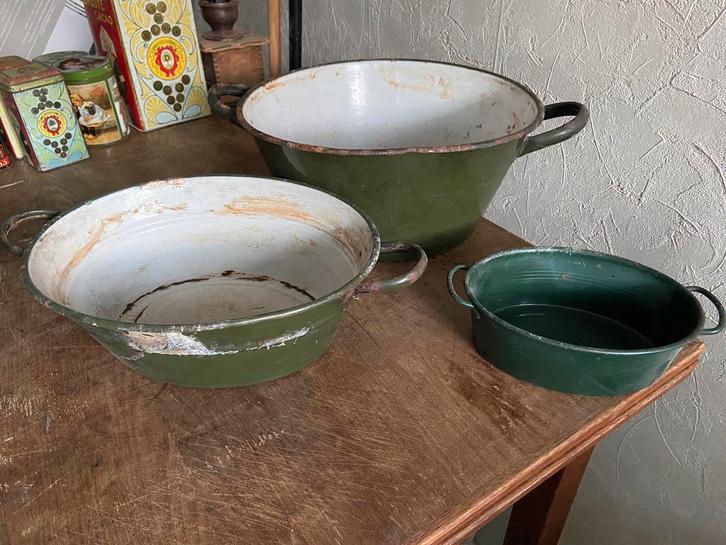 3 Antieke donker groene Emaille teilen met handgrepen, Antiek en Kunst, Antiek | Emaille, Ophalen of Verzenden