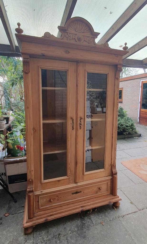 Antiek grenen kast 2-deurs met geslepen glas en lade, Huis en Inrichting, Kasten | Vitrinekasten, Gebruikt, 150 tot 200 cm, 100 tot 150 cm