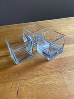 3 glazen bloemen vaasjes/ kaarsen houdertjes, Ophalen of Verzenden, Zo goed als nieuw, Glas, Minder dan 50 cm