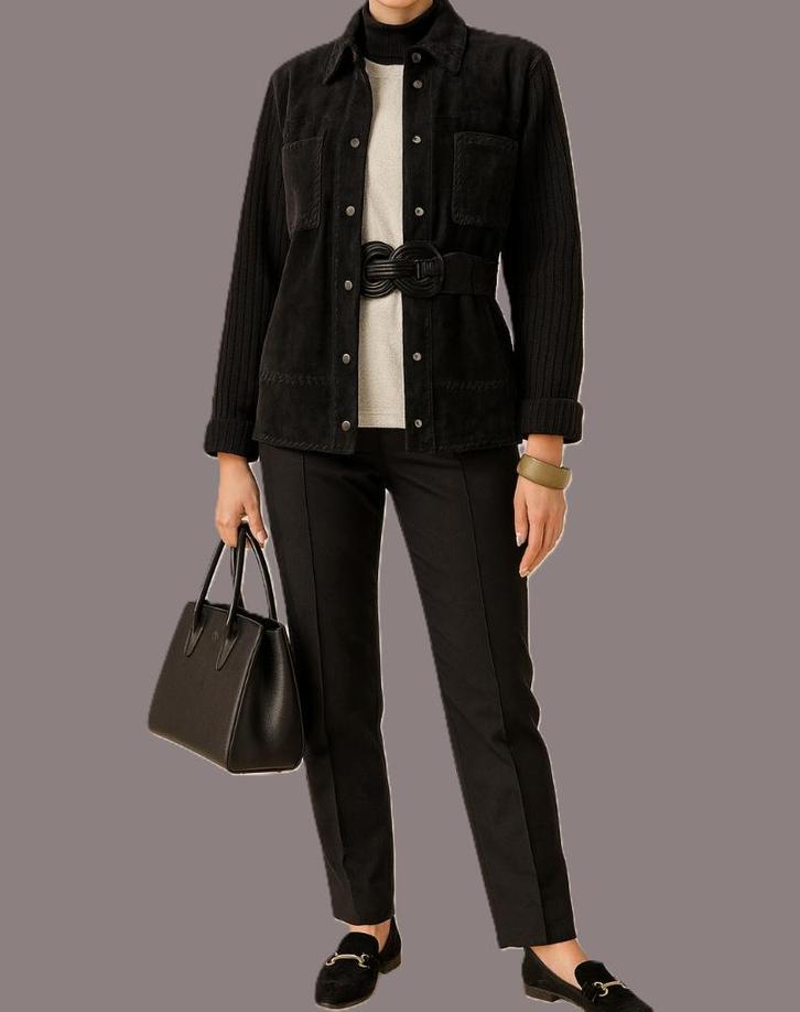 Marina Rinaldi Sport leren jasje met wollen mouwen maat 38, Kleding | Dames, Jassen | Winter, Gedragen, Maat 38/40 (M), Zwart