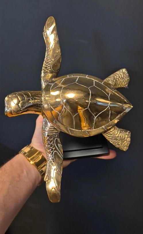 Schildpad op standaard messing beeld goudkleurig, Verzamelen, Beelden en Beeldjes, Nieuw, Dier, Ophalen of Verzenden