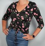 Black Floral Ruched Top, Verzenden, Zwart, Korte mouw, Maat 36 (S)