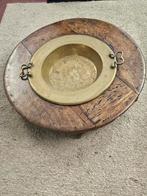 Oude koperen Brasero kastanje pof schaal houten tafel 84 cm, Ophalen