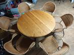 Ronde grenen tafel met 6 stoelen riet rieten met metaal, Ophalen, Gebruikt, 4 tot 6 stoelen