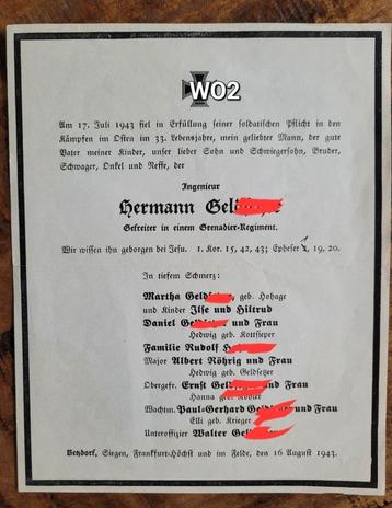 Reuze grote Bidprent Sterbebild duitse WO2 gefreiter 1943 beschikbaar voor biedingen