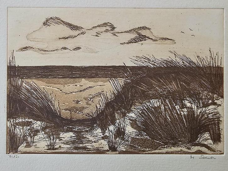 Origineel ETS duinlandschap van Marlies Schön, Antiek en Kunst, Kunst | Etsen en Gravures, Ophalen of Verzenden