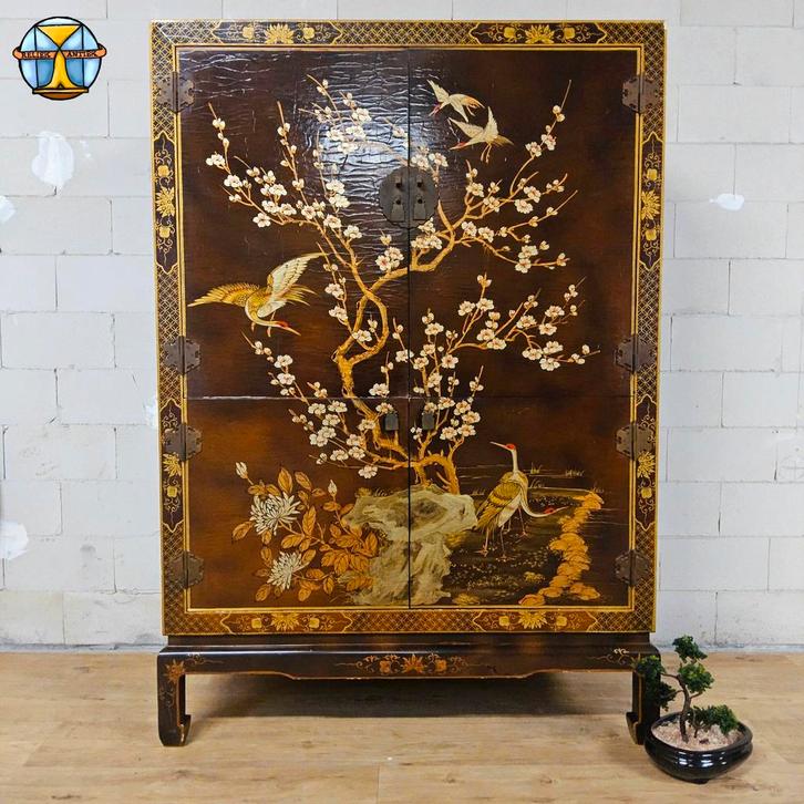 Vintage Chinese kast vogels & bloemen, rood & goud (bohemian, Huis en Inrichting, Kasten | Overige, Zo goed als nieuw, Ophalen of Verzenden