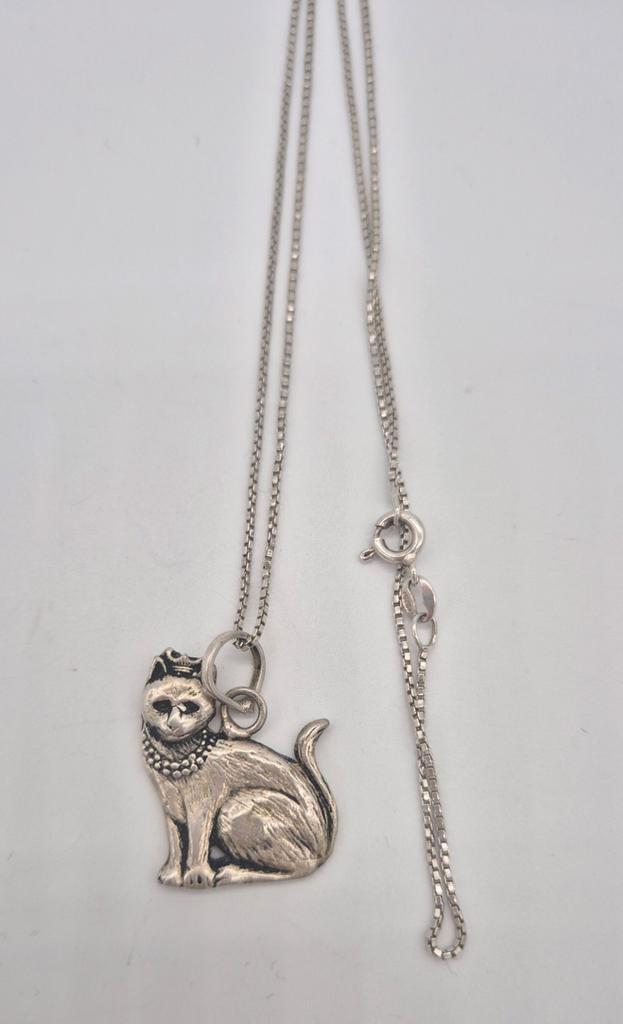 Zilveren Ketting met Vintage Kat Hanger 925, Sieraden, Tassen en Uiterlijk, Kettingen, Gebruikt, Zilver, Zilver, Verzenden