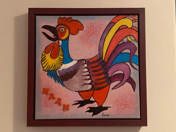 Kleurrijk Haan Schilderij - Ingelijst, Antiek en Kunst, Kunst | Schilderijen | Klassiek, Verzenden