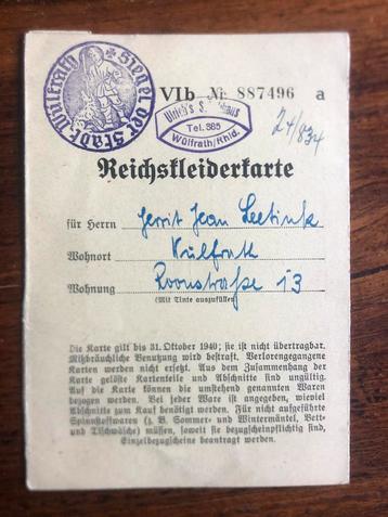 WO2 DUITS Reichskleiderkarte 1939-1940 1e versie beschikbaar voor biedingen