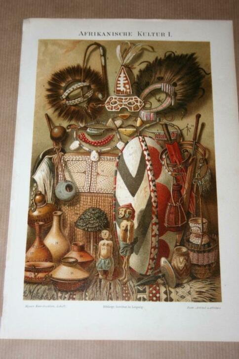 Antieke kleurenlithografie - Cultuur van Afrika - Ca 1900 !!, Antiek en Kunst, Kunst | Litho's en Zeefdrukken, Ophalen of Verzenden