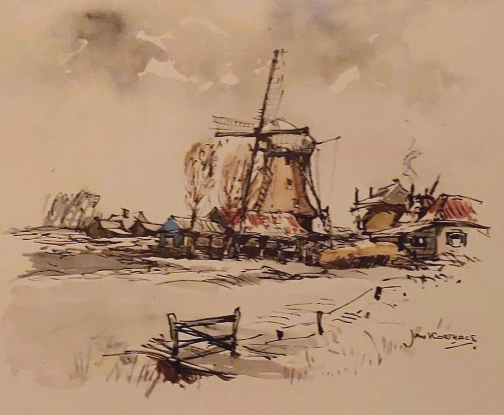 Jan Korthals ...  Molen bij Spaarndam ..., Antiek en Kunst, Kunst | Tekeningen en Foto's, Ophalen of Verzenden