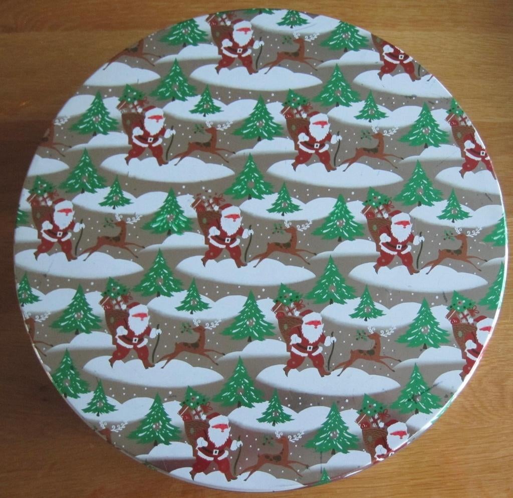 groot retro blik met kerstmannen - rendieren - bomen -sneeuw, Ophalen of Verzenden, Gebruikt, Overige