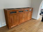 Teak houten dressoir met  stenen inleg op bovenblad., Huis en Inrichting, Kasten | Dressoirs, Ophalen, Gebruikt, Glas, 200 cm of meer