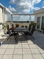 Tuintafel met stoelen en kussens, Tuin en Terras, Tuintafels, Ophalen, Gebruikt, Rechthoekig, Aluminium