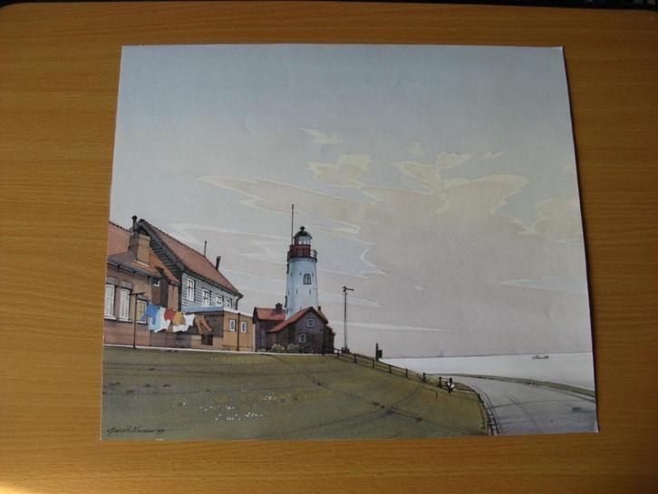 Urk. Vuurtoren op een Dijk, daarnaast een paar huizen, Verzamelen, Foto's en Prenten, Zo goed als nieuw, Voor 1940, Verzenden