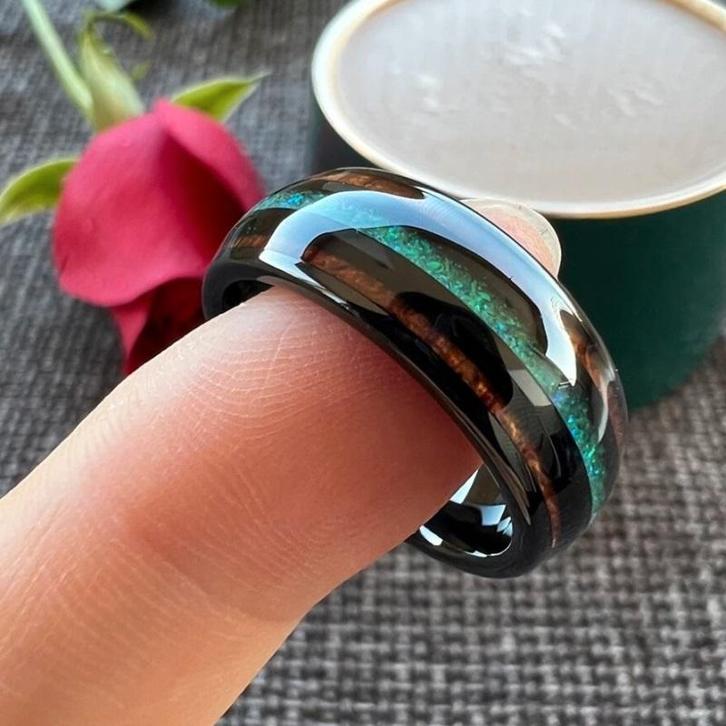 Trouwringen wolfraam - Finn - Zwart, hout en groen opaal, Sieraden, Tassen en Uiterlijk, Ringen, Nieuw, Dame of Heer, Overige kleuren