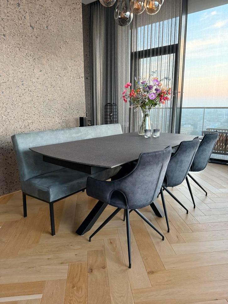 Keramiek eethoek met eetbank en 3 stoelen, Huis en Inrichting, Tafels | Eettafels, Zo goed als nieuw, 50 tot 100 cm, 200 cm of meer